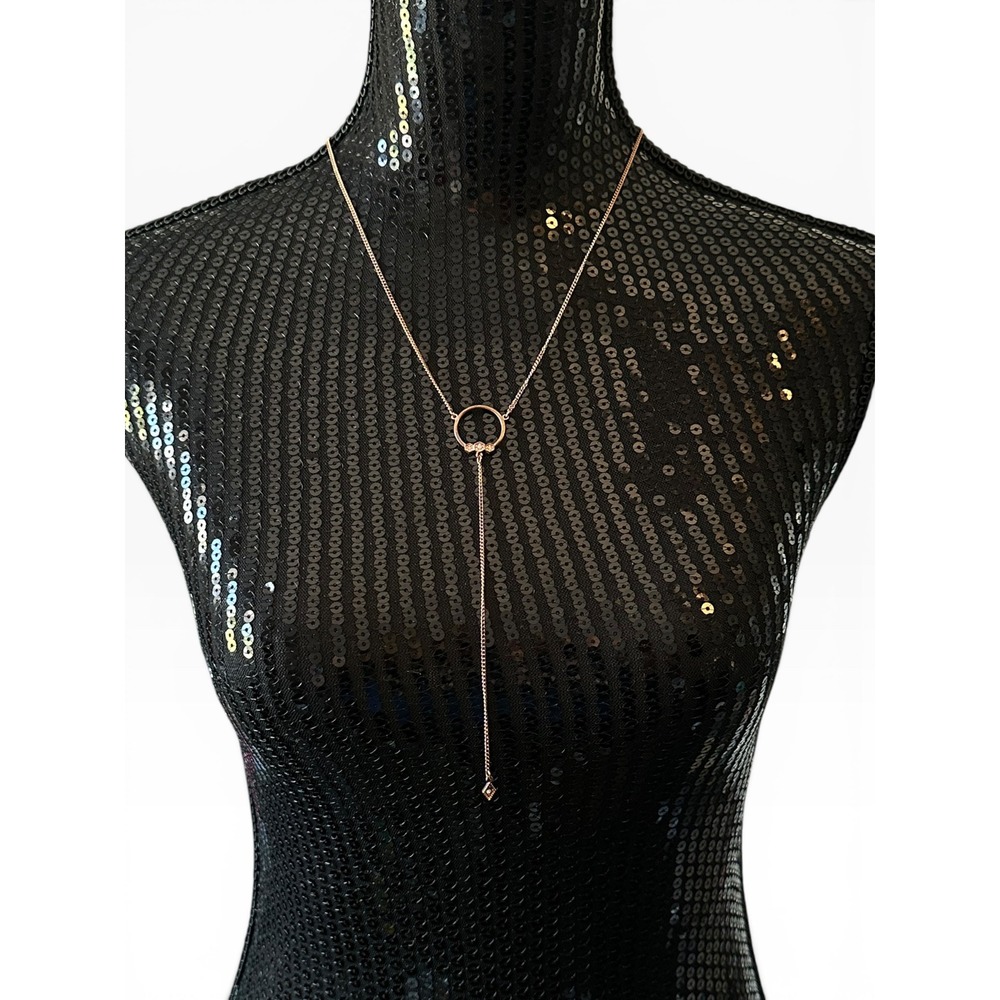 Luv AJ Lariat Necklace Womens Rose Gold‎ Tone Crystal Circle Drop Pendant